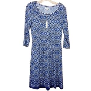 Max Studio | Women's Long Sleeve Blue Floral Fit & Flare Dress (Size Small)